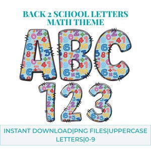 以下が含まれることがあります： 数学をテーマにしたカラフルなABCの文字と数字123。文字と数字は、数字と数学記号のパターンで埋められています。「BACK 2 SCHOOL LETTERS MATH THEME」の文字が上にあります。「INSTANT DOWNLOAD|PNG FILES|UPPERCASE LETTERS|0-9」の文字が下にあります。
