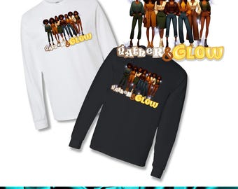 May include: Two long-sleeved shirts, one white and one black, each displaying a graphic of seven women in diverse outfits. The text "Gather & Glow" is printed in a retro font. The image includes a PNG download button.