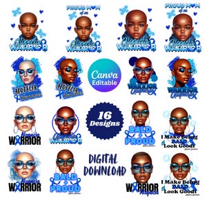 Könnte beinhalten: Ein digitaler Download von 16 Designs mit einer kahlen Frau mit blauen und weißen Akzenten. Die Designs beinhalten den Text "Alopecia Warrior", "Bald and Proud" und "I Make Being Bald Look Good".