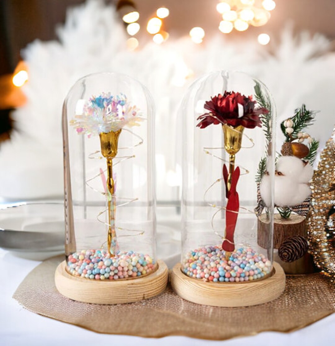 Glass Carnation Flower Simulation Cute Flower in Glass Dome LED Flower