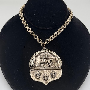 Vintage Knight Shield Fleur de Lis Pendant Necklace Brooch