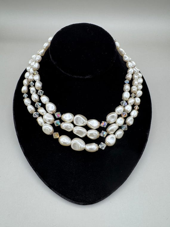 Vintage Japan Strand Faux Pearl Aurora Borealis Crystal Necklace
