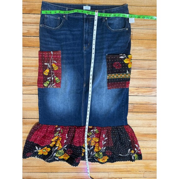 Upcycled Long Denim Skirt With Kantha Patches and Ruffle Hem