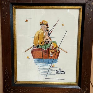 Vintage Norman Rockwell &quot;Fish Finders&quot; Framed Cross Stitch