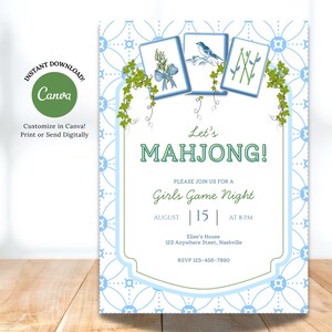 Mahjong Invitation: Game Night Editable Canva Template (Digital Download) | Chinoiserie Invite | Grandmillennial Garden Party image 1