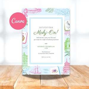 Puede incluir: Una invitación azul claro con un borde decorativo con ilustraciones rosas, verdes y azules. La invitación tiene el texto "Let's Get Our Mahj-On!" y los detalles del evento. Un círculo rosa con la palabra "Canva" está en la esquina superior izquierda.