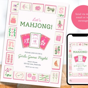 K&ouml;nnte beinhalten: Eine rosa-wei&szlig;e Einladung f&uuml;r einen Mahjong-Spielabend. Der Text "Let's Mahjong!" und "Girls Game Night" sind prominent. Das Design umfasst Mahjong-Kacheln und Illustrationen, mit einem Smartphone, das die Einladung anzeigt.