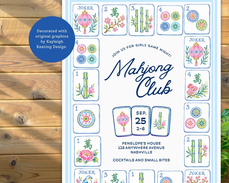 May include: A white invitation with a blue border features a Mahjong Club theme. The design includes illustrated Mahjong tiles, a pink lantern, and floral elements. Text includes "Join us for Girls Game Night!" and event details.