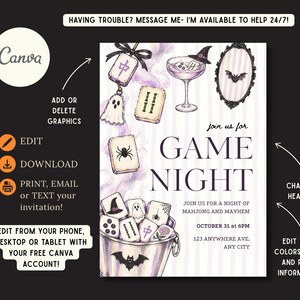 May include: A digital invitation template featuring watercolor illustrations of mahjong tiles, a ghost, a bat, a witch hat, and a bucket. The text reads: join us for GAME NIGHT, JOIN US FOR A NIGHT OF MAHJONG AND MAYHEM, OCTOBER 31 at 6PM, 123 ANYWHERE AVE, ANY CITY.