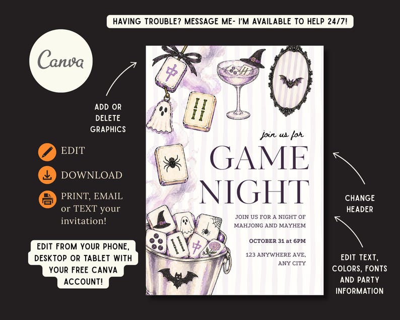 May include: A digital invitation template featuring watercolor illustrations of mahjong tiles, a ghost, a bat, a witch hat, and a bucket. The text reads: join us for GAME NIGHT, JOIN US FOR A NIGHT OF MAHJONG AND MAYHEM, OCTOBER 31 at 6PM, 123 ANYWHERE AVE, ANY CITY.
