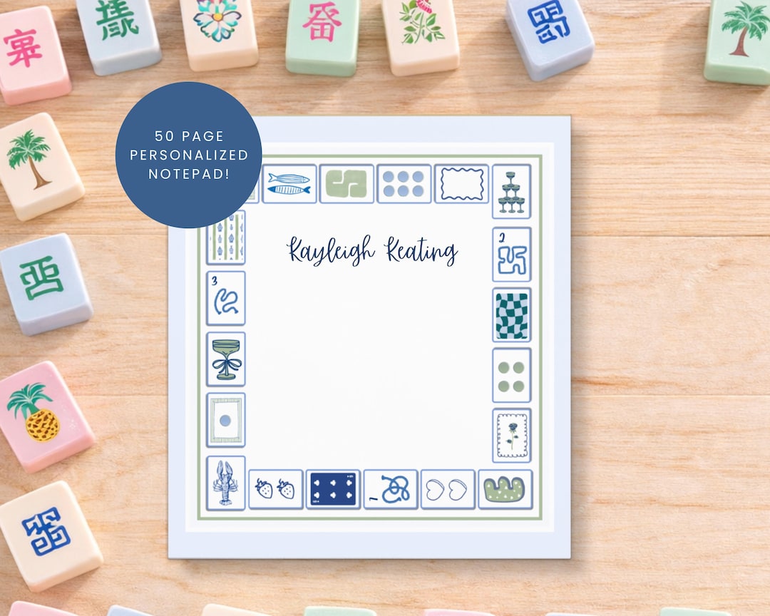 Mahjong Notepad Personalized Mahjong Notepad | Custom Name Writing Pad | Blue Green ...