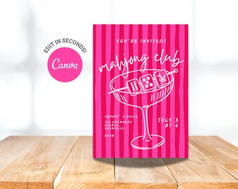 Mahjong Club Invitation | Editable Canva Template | Game Night Party | Pink Red Invite
