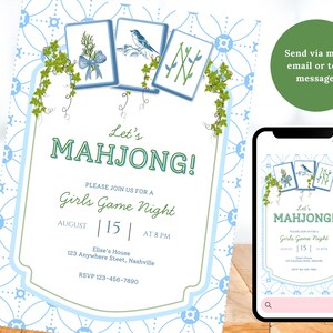 Mahjong Invitation: Game Night Editable Canva Template (Digital Download) | Chinoiserie Invite | Grandmillennial Garden Party image 2