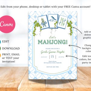 Mahjong Invitation: Game Night Editable Canva Template (Digital Download) | Chinoiserie Invite | Grandmillennial Garden Party image 3