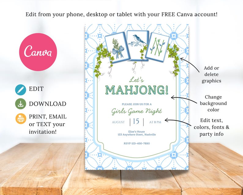 Mahjong Invitation: Game Night Editable Canva Template (Digital Download) | Chinoiserie Invite | Grandmillennial Garden Party image 3
