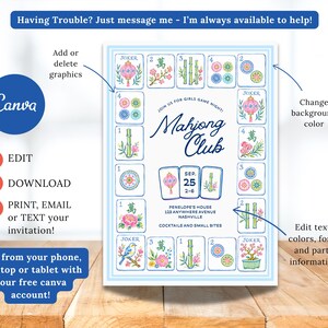 May include: A light blue invitation for a Mahjong Club girls' game night, featuring illustrated Mahjong tiles. The invitation includes the text "Mahjong Club" and details for the event. The Canva logo is visible.