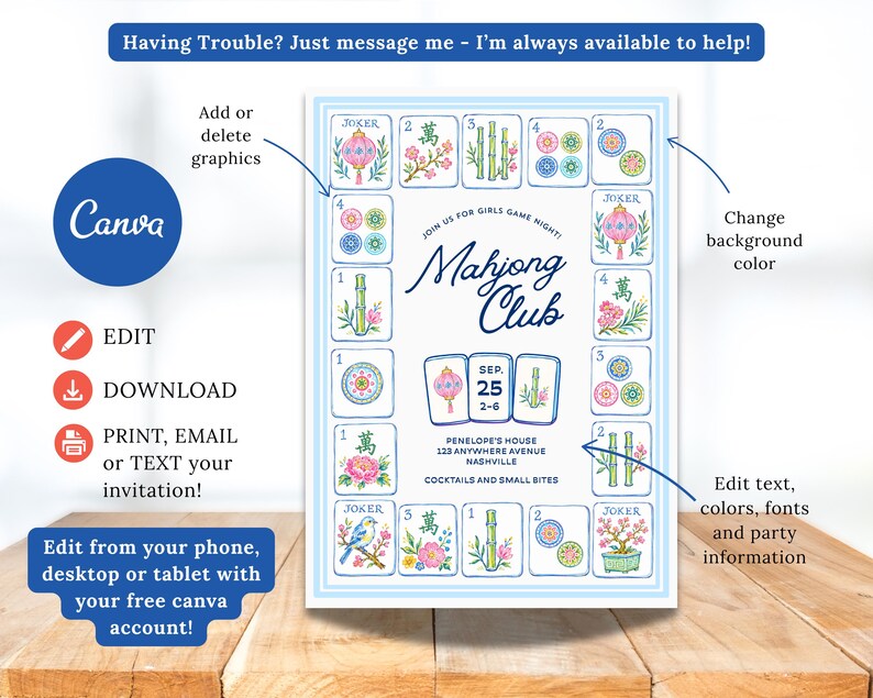 May include: A light blue invitation for a Mahjong Club girls' game night, featuring illustrated Mahjong tiles. The invitation includes the text "Mahjong Club" and details for the event. The Canva logo is visible.