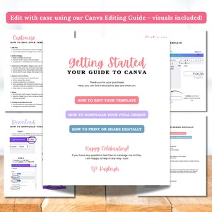 May include: A guide titled "Getting Started Your Guide to Canva" with instructions on editing templates, downloading designs, and printing. The guide includes visuals and is on a wooden surface.