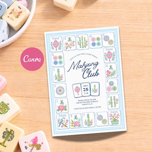 May include: A light blue and white invitation for a Mahjong Club game night, featuring illustrated tiles and the text "Mahjong Club." The invitation includes the date, time, and location. Mahjong tiles in various colors surround the invitation.