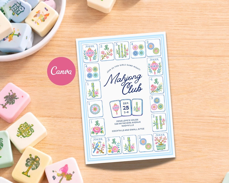 May include: A light blue and white invitation for a Mahjong Club game night, featuring illustrated tiles and the text "Mahjong Club." The invitation includes the date, time, and location. Mahjong tiles in various colors surround the invitation.