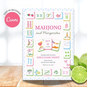 May include: A party invitation with a pink Canva logo, featuring the text "MAHJONG and Margaritas." The invitation includes Mahjong tile illustrations and the date "OCT 12 at 6PM." The invitation is surrounded by a blue and white triangle border.