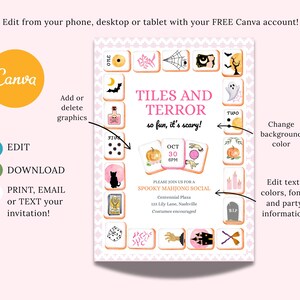 May include: A pink and white Halloween invitation with the text "TILES AND TERROR" and "so fun, it's scary!". The invitation includes Halloween graphics and the text "Spooky Mahjong Social".