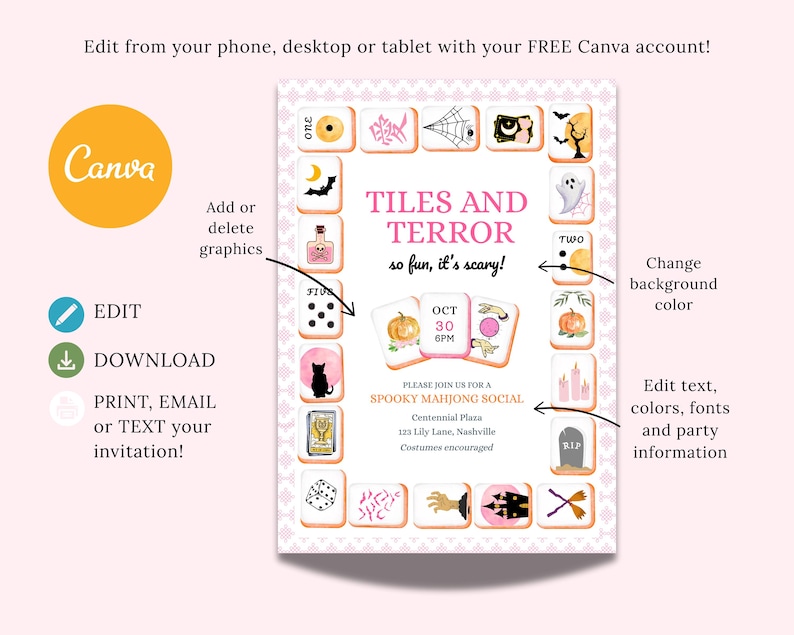 May include: A pink and white Halloween invitation with the text "TILES AND TERROR" and "so fun, it's scary!". The invitation includes Halloween graphics and the text "Spooky Mahjong Social".