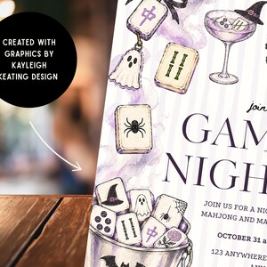 May include: A Halloween-themed invitation card featuring watercolor illustrations of mahjong tiles, a ghost, a spider, a witch hat, and a cocktail glass. The text reads: Join us for GAME NIGHT, JOIN US FOR A NIGHT OF MAHJONG AND MAYHEM, OCTOBER 31 at 6PM.