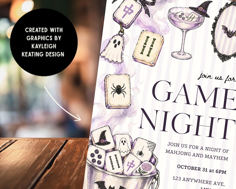 May include: A Halloween-themed invitation card featuring watercolor illustrations of mahjong tiles, a ghost, a spider, a witch hat, and a cocktail glass. The text reads: Join us for GAME NIGHT, JOIN US FOR A NIGHT OF MAHJONG AND MAYHEM, OCTOBER 31 at 6PM.