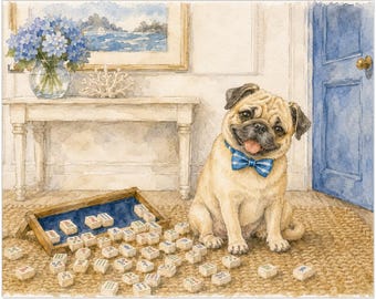 Mahjong Pug Wall Art Print | 8x10 Dog Portrait | Watercolor Decor