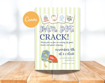 Op de afbeelding: Een uitnodiging met groen en wit gestreepte achtergrond en de tekst "BAM DOT CRACK!". Bevat illustraties van Mahjong-tegels, een lantaarn en een waaier. De tekst nodigt uit voor een gezellige avond.