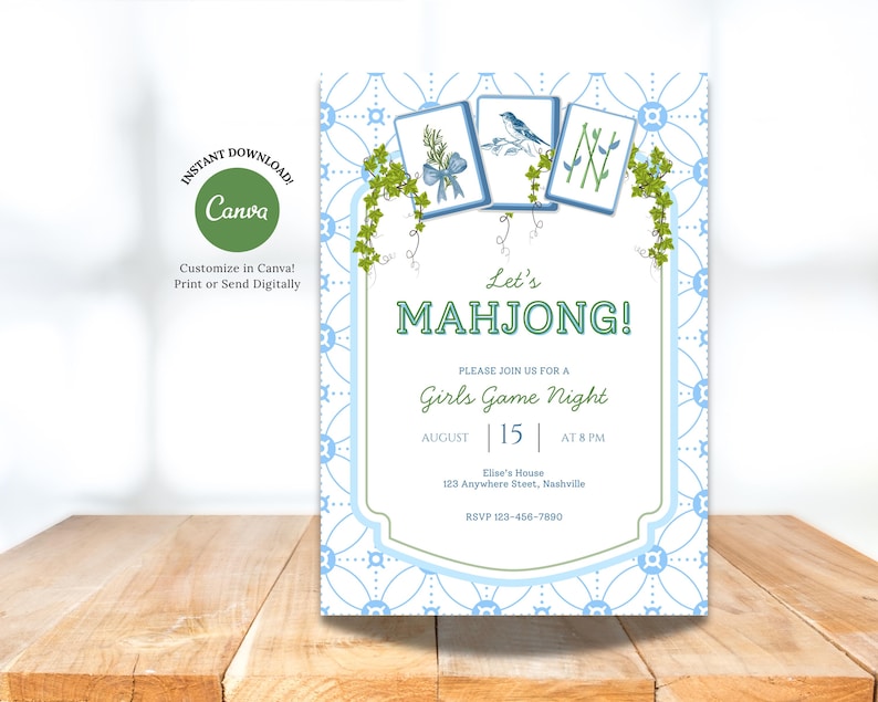 Mahjong Invitation: Game Night Editable Canva Template (Digital Download) | Chinoiserie Invite | Grandmillennial Garden Party image 1