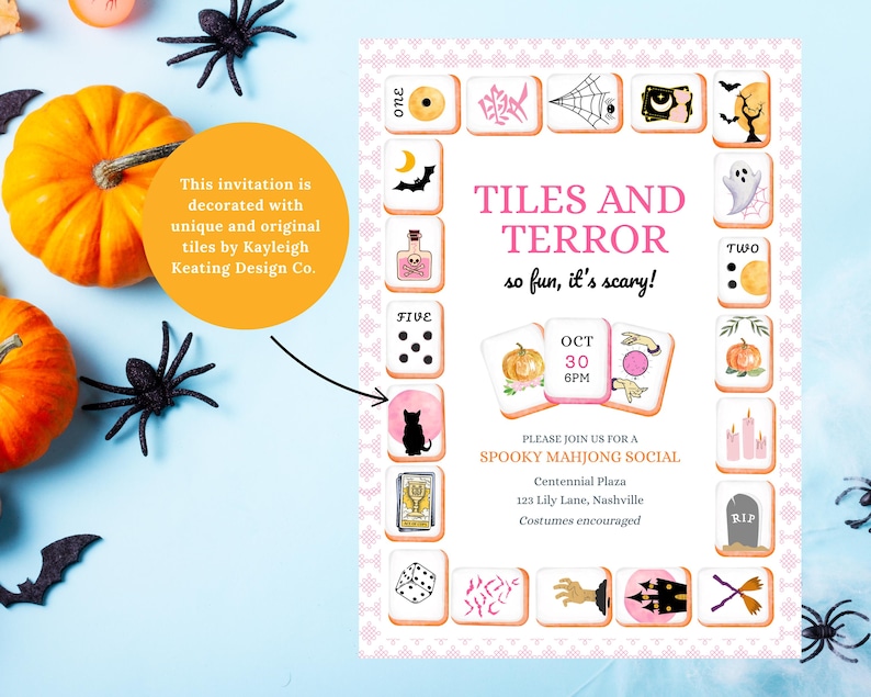 May include: A Halloween-themed invitation with the text "TILES AND TERROR" and "so fun, it's scary!". The invitation features Mahjong tiles with Halloween-themed illustrations, pumpkins, and spiders. The invitation is decorated with unique and original tiles by Kayleigh Keating Design Co.
