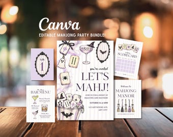 Halloween Mahjong Party Bundle – Editable Canva Invitation, Welcome Sign, Scorecard, Table Numbers & Bar Menu