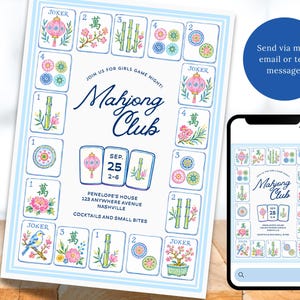 May include: A light blue and white Mahjong Club invitation with a border of illustrated tiles. The invitation includes the text "Join us for Girls Game Night!" and event details. A smartphone displays the invitation.