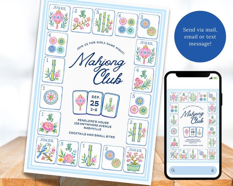 May include: A light blue and white Mahjong Club invitation with a border of illustrated tiles. The invitation includes the text "Join us for Girls Game Night!" and event details. A smartphone displays the invitation.