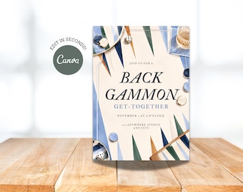 Editable Backgammon Invitation | Blue Watercolor 5x7 Canva Game Night Template