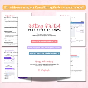 May include: A guide titled "Getting Started, Your Guide to Canva" with instructions on editing templates, downloading designs, and printing or sharing digitally. The guide includes visuals and is designed to help users edit with ease.