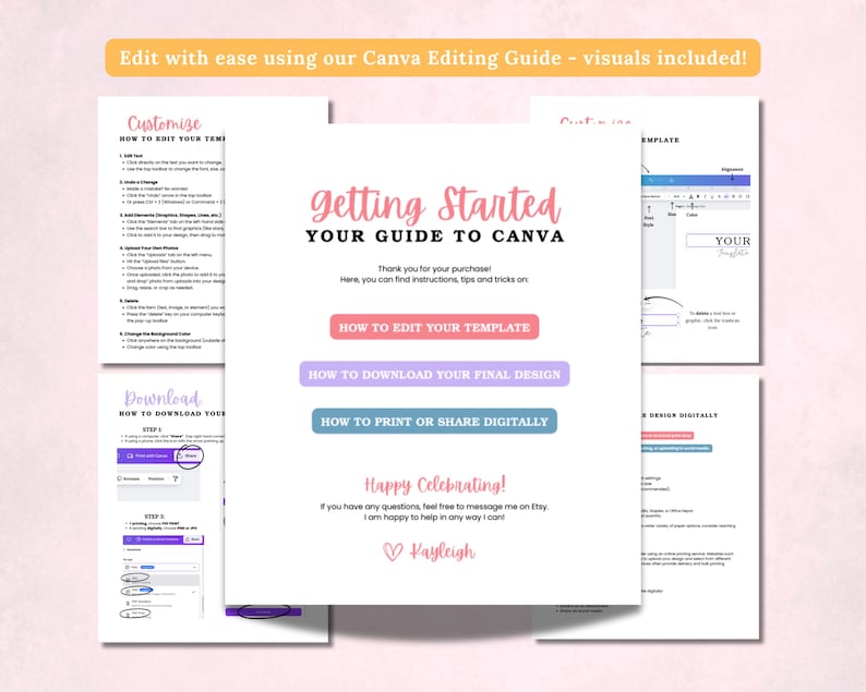 May include: A guide titled "Getting Started, Your Guide to Canva" with instructions on editing templates, downloading designs, and printing or sharing digitally. The guide includes visuals and is designed to help users edit with ease.