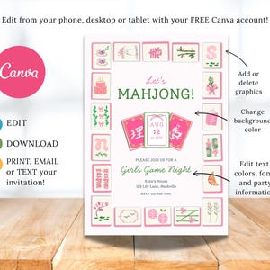 K&ouml;nnte beinhalten: Eine rosa-wei&szlig;e Einladung f&uuml;r einen M&auml;dchen-Spieleabend mit dem Text "Let's Mahjong!" und dem Datum 12. August. Die Einladung enth&auml;lt dekorative Elemente und das Canva-Logo.