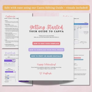May include: A digital guide titled Getting Started Your Guide to Canva with instructions on editing, downloading, and printing templates. The document features pink, purple, and blue buttons, text headers, and a signature from Kayleigh at the bottom.