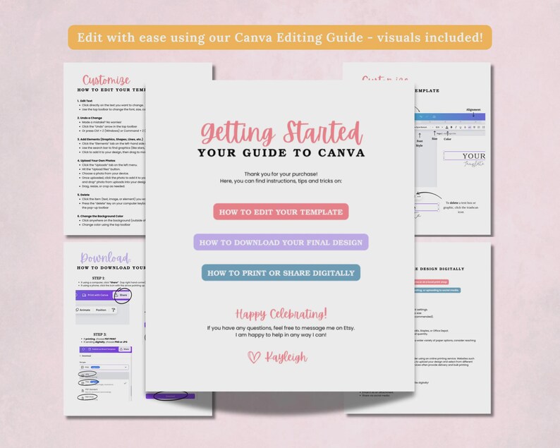 May include: A digital guide titled Getting Started Your Guide to Canva with instructions on editing, downloading, and printing templates. The document features pink, purple, and blue buttons, text headers, and a signature from Kayleigh at the bottom.