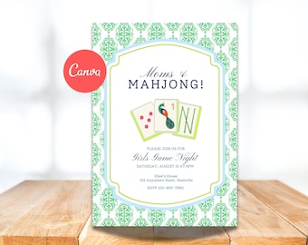 以下が含まれることがあります： 「Moms & Mahjong!」のテキストが入ったゲームナイトの招待状。麻雀牌と緑と白の模様の背景が特徴です。イベントの詳細も含まれています。