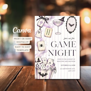 May include: A Halloween-themed digital invitation template featuring illustrations of mahjong tiles, a bucket, a cocktail glass, and a bat. The text reads: join us for GAME NIGHT, JOIN US FOR A NIGHT OF MAHJONG AND MAYHEM, OCTOBER 31 at 6PM, 123 ANYWHERE AVE, ANY CITY.