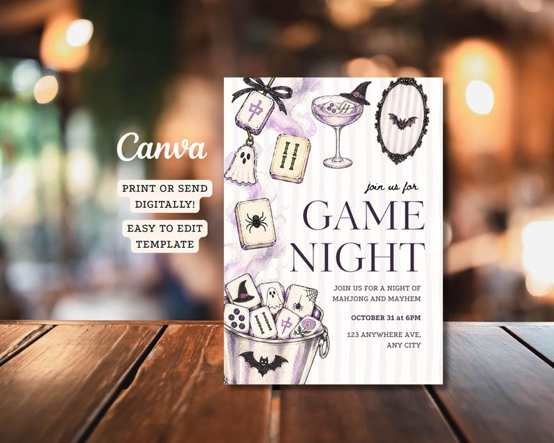 May include: A Halloween-themed digital invitation template featuring illustrations of mahjong tiles, a bucket, a cocktail glass, and a bat. The text reads: join us for GAME NIGHT, JOIN US FOR A NIGHT OF MAHJONG AND MAYHEM, OCTOBER 31 at 6PM, 123 ANYWHERE AVE, ANY CITY.