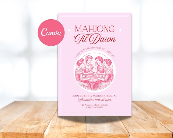 Vintage Mahjong Party Invite: Retro Girls Night Canva Template (5x7" Printable Digital Download