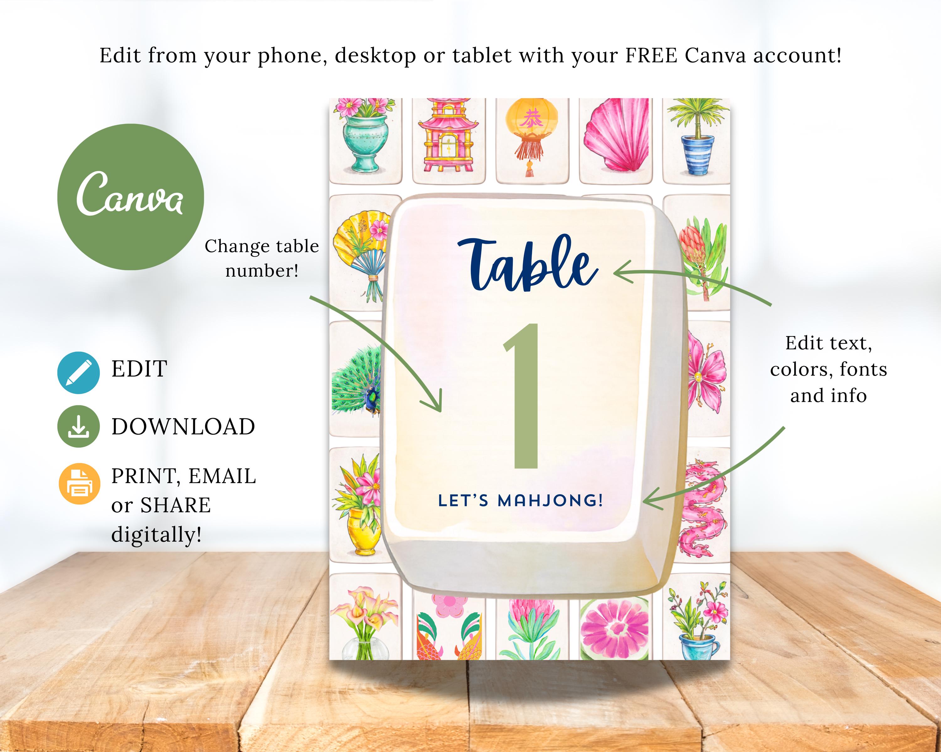 Mahjong Table Numbers | Editable Canva Template | 5x7 & 8.5x11 ...
