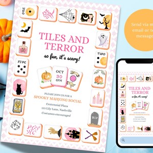 May include: A Halloween-themed invitation with the text "TILES AND TERROR" and "so fun, it's scary!". The invitation features illustrated Mahjong tiles, pumpkins, bats, and a smartphone displaying the invitation. The invitation is for a spooky Mahjong social.