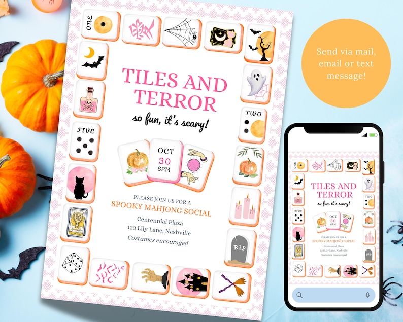 May include: A Halloween-themed invitation with the text "TILES AND TERROR" and "so fun, it's scary!". The invitation features illustrated Mahjong tiles, pumpkins, bats, and a smartphone displaying the invitation. The invitation is for a spooky Mahjong social.