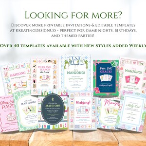 May include: A collection of printable invitations and editable templates for game nights, birthdays, and themed parties. The invitations feature various designs, including Mahjong and other game-related themes. Text on the image reads "Looking for more?" and "Over 40 templates available."